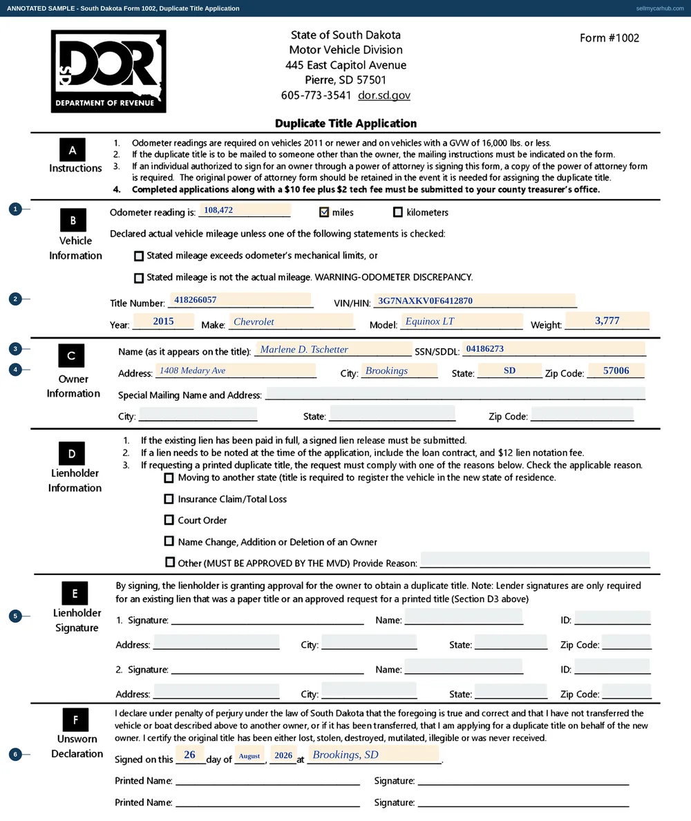 A completed South Dakota Duplicate Title Application, Form 1002. The odometer block shows a reading of 108,472 miles with neither exception ticked. The vehicle block identifies a 2015 Chevrolet Equinox LT by title number, vehicle identification number, year, make, model and weight. The owner block names Marlene D. Tschetter of Brookings, South Dakota with a driver's licence number. The special mailing block and both lienholder blocks are shaded grey, and the unsworn declaration is dated at Brookings, South Dakota with the printed name completed and the signature line blank.