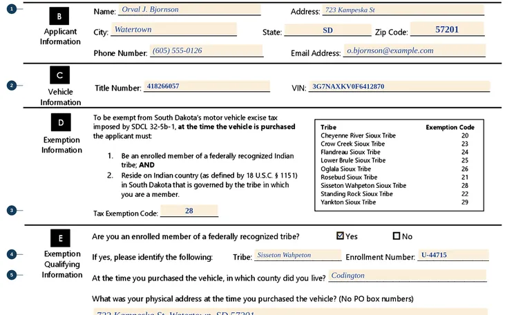 Part of our filled-in example of South Dakota Form 1005, Tribal Member Motor Vehicle Excise Tax Exemption Application, showing the filled-in entries