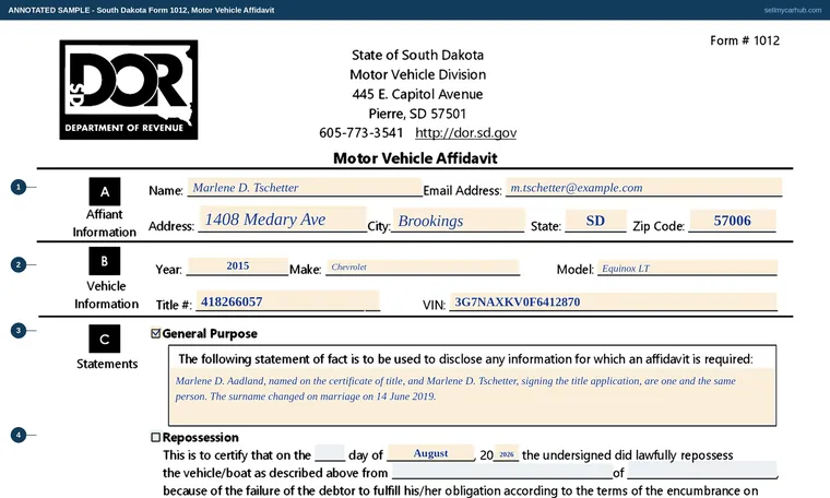 Top of our filled-in example of South Dakota Form 1012, Motor Vehicle Affidavit