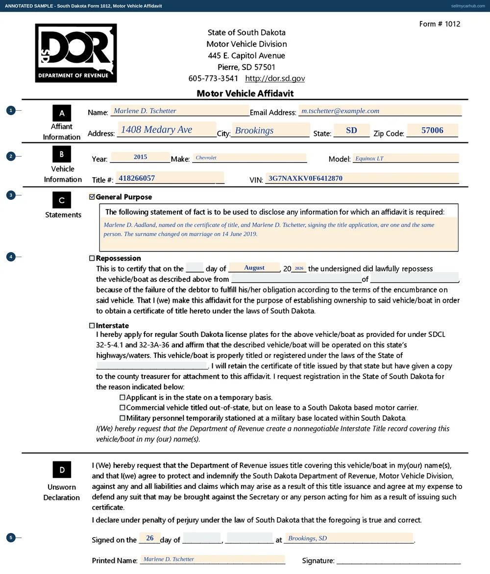 A completed South Dakota Motor Vehicle Affidavit, Form 1012. The affiant block names Marlene D. Tschetter of Brookings, South Dakota with an email address. The vehicle block identifies a 2015 Chevrolet Equinox LT by title number and vehicle identification number. The General Purpose box is ticked and its statement block explains that the person named on the title and the person signing the application are one and the same, the surname having changed on marriage. The repossession and interstate blocks are shaded grey, and the unsworn declaration is dated at Brookings, South Dakota with the printed name completed.
