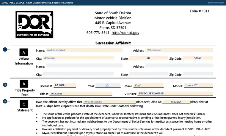 Top of our filled-in example of South Dakota Form 1013, Succession Affidavit