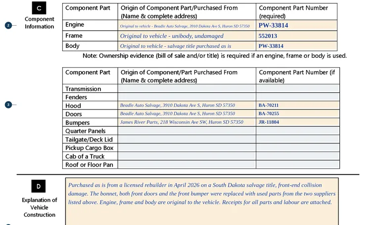 Part of page 1 of our filled-in example of South Dakota Form 1016, Application for Inspection of Rebuilt Motor Vehicle, showing the filled-in entries