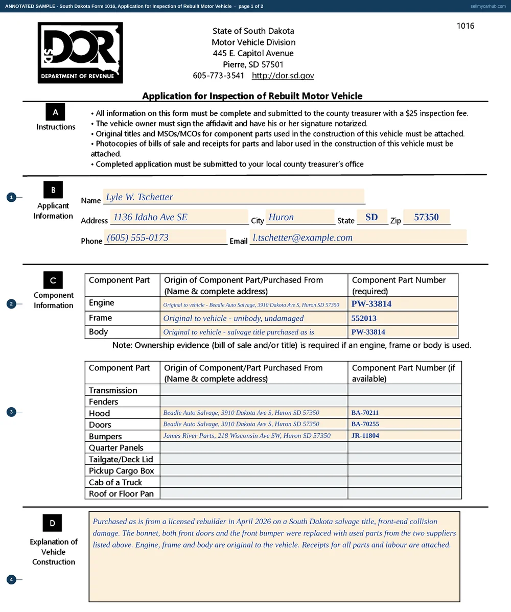 A completed South Dakota Application for Inspection of Rebuilt Motor Vehicle, Form 1016. Page one names Lyle W. Tschetter of Huron, South Dakota as applicant and lists the origin and part number for the engine, frame and body, with an explanation of the vehicle construction beneath. Page two has the box for a vehicle purchased as is from a rebuilder ticked, a 2014 Jeep Cherokee identified by year, make, model, type and weight, the affiant's full legal name in separate first, middle and last boxes, a driver's licence number and telephone number, and both a physical and a mailing address in Huron. The signature line, the notary block and the Department of Revenue certification block are shaded grey.