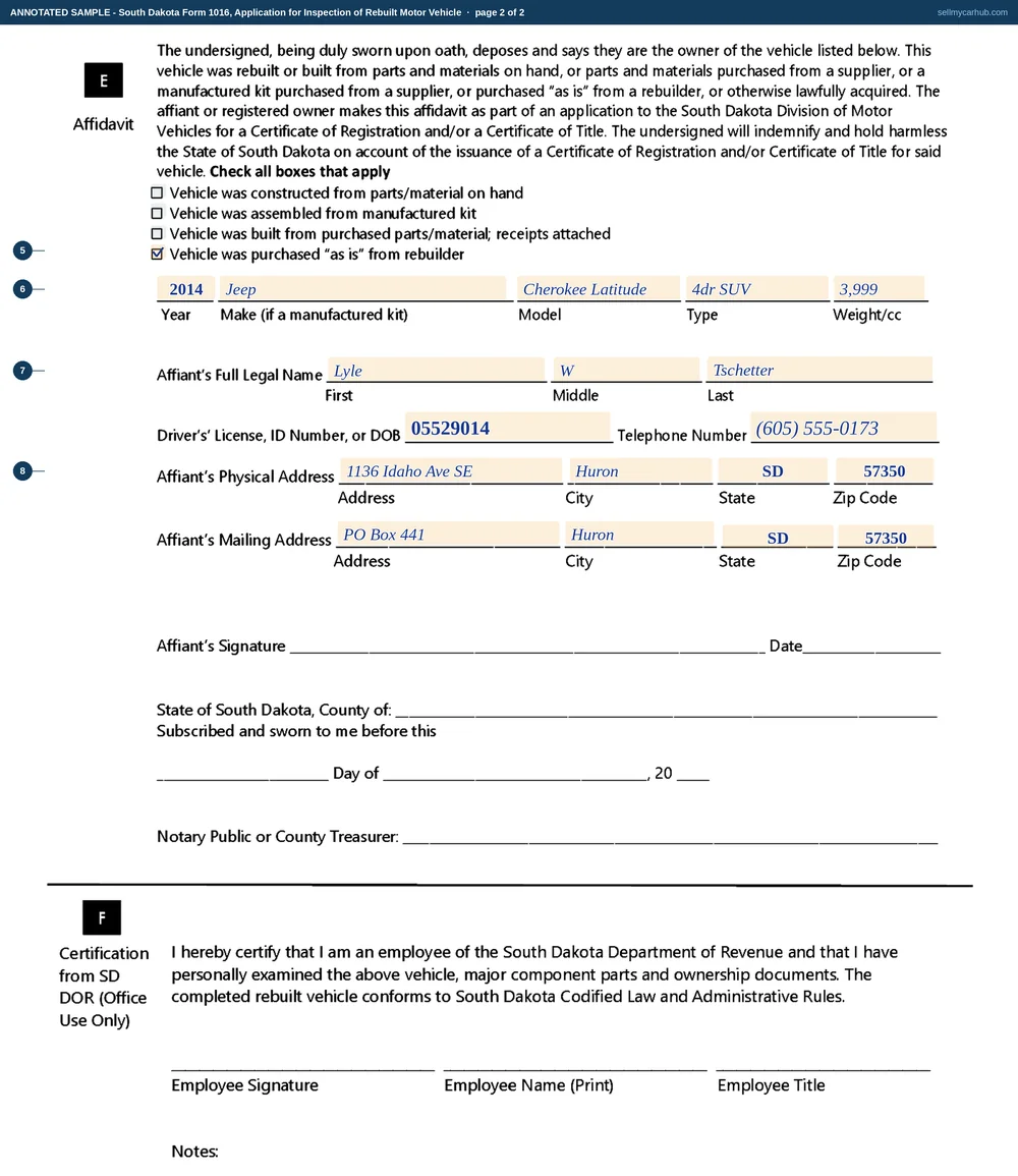 A completed South Dakota Application for Inspection of Rebuilt Motor Vehicle, Form 1016. Page one names Lyle W. Tschetter of Huron, South Dakota as applicant and lists the origin and part number for the engine, frame and body, with an explanation of the vehicle construction beneath. Page two has the box for a vehicle purchased as is from a rebuilder ticked, a 2014 Jeep Cherokee identified by year, make, model, type and weight, the affiant's full legal name in separate first, middle and last boxes, a driver's licence number and telephone number, and both a physical and a mailing address in Huron. The signature line, the notary block and the Department of Revenue certification block are shaded grey.