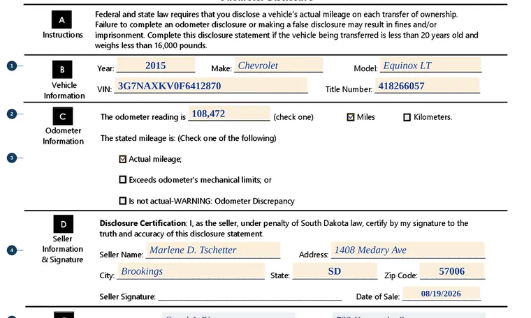 Part of our filled-in example of South Dakota Form 1021, Odometer Disclosure, showing the filled-in entries