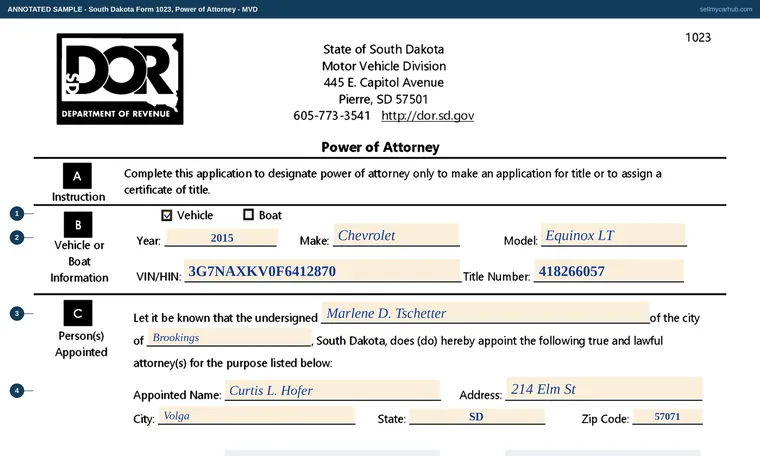 Top of our filled-in example of South Dakota Form 1023, Power of Attorney - MVD