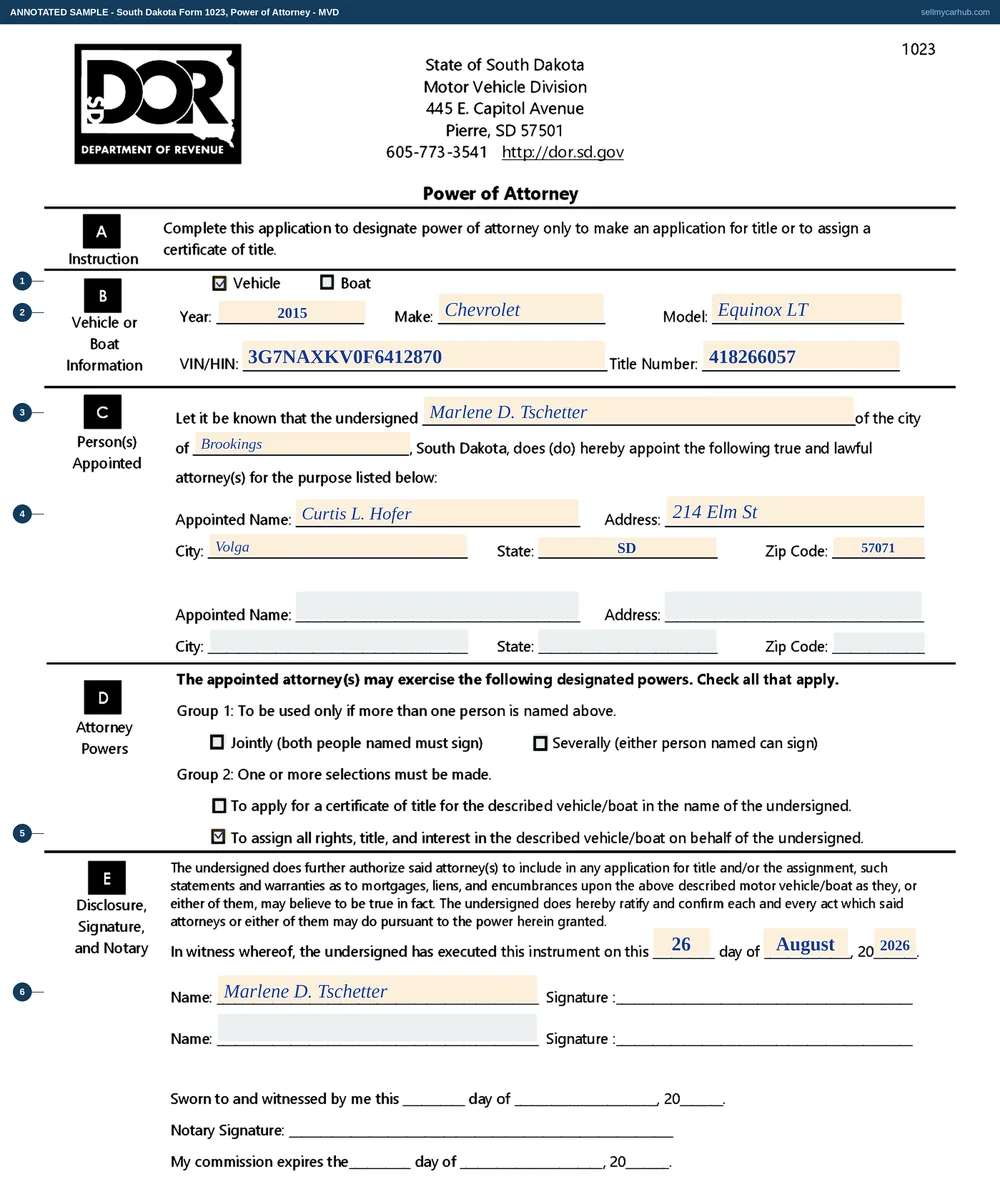 A completed South Dakota Power of Attorney, Form 1023. The Vehicle box is ticked and the vehicle block identifies a 2015 Chevrolet Equinox LT by year, make, model, vehicle identification number and title number. The appointing sentence names Marlene D. Tschetter of the city of Brookings. One attorney is appointed, Curtis L. Hofer of Volga, South Dakota, and the second appointee block is shaded grey. In Group 2 the box granting power to assign all rights, title and interest is ticked. The instrument is dated, the first printed-name line carries the owner's name, and the notary block at the foot is shaded grey.