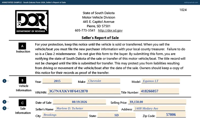 Top of our filled-in example of South Dakota Form 1024, Seller's Report of Sale