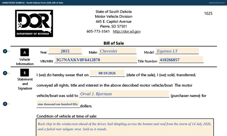 Top of our filled-in example of South Dakota Form 1025, Bill of Sale