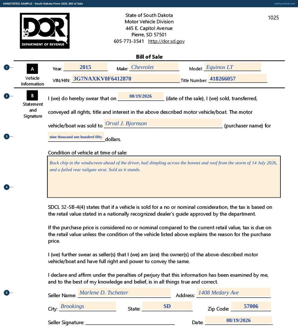 A completed South Dakota Bill of Sale, Form 1025. The vehicle block shows a 2015 Chevrolet Equinox LT with its vehicle identification number and title number. The sworn statement is completed with a sale date of 08/19/2026, a purchaser named Orval J. Bjornson and an amount of nine thousand one hundred and fifty dollars. The condition block describes a rock chip in the windscreen and hail dimpling on the bonnet and roof. The seller block names Marlene D. Tschetter of Brookings, South Dakota, with the signature line left blank and the date completed.