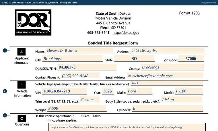 Top of our filled-in example of South Dakota Form 1203, Bonded Title Request Form