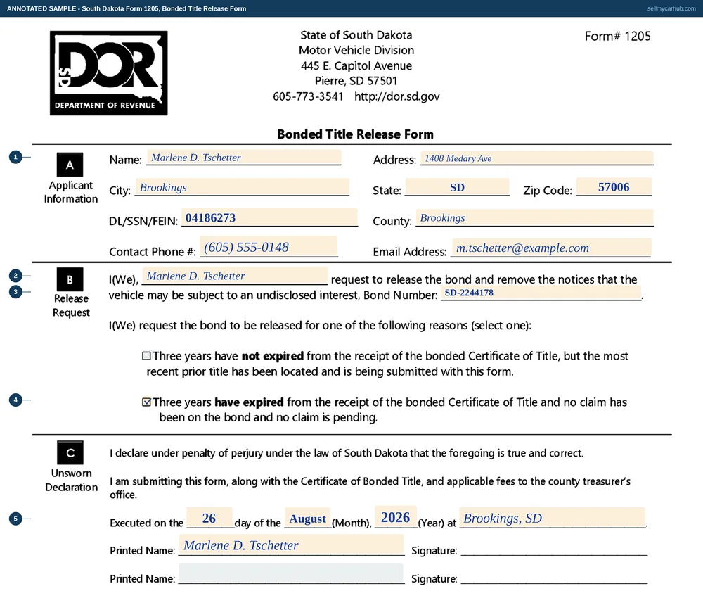 A completed South Dakota Bonded Title Release Form, Form 1205. The applicant block names Marlene D. Tschetter of Brookings, South Dakota in Brookings County with a driver's licence number, phone and email. The release request names the applicant and carries a bond number. The second reason is ticked - three years have expired from receipt of the bonded certificate of title and no claim has been made or is pending. The unsworn declaration is executed at Brookings, South Dakota with the first printed-name line completed and the second left blank.