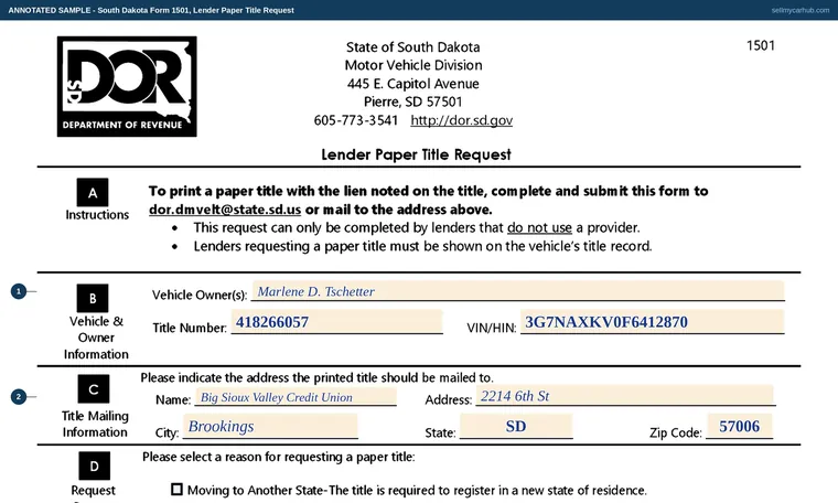Top of our filled-in example of South Dakota Form 1501, Lender Paper Title Request