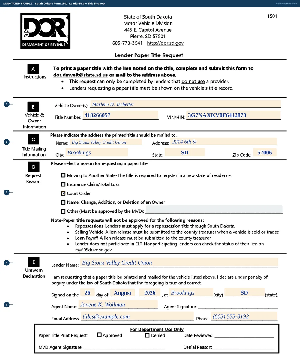 A completed South Dakota Lender Paper Title Request, Form 1501. The vehicle and owner block names Marlene D. Tschetter with a title number and vehicle identification number. The title mailing block carries Big Sioux Valley Credit Union's Brookings address. Under the request reason, the Court Order box is ticked. The lender name, the unsworn declaration dated at Brookings, South Dakota, and the agent's name, email and phone are completed, and the department-use block at the foot is shaded grey.