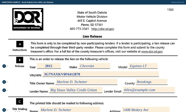 Top of our filled-in example of South Dakota Form 1503, Lien Release