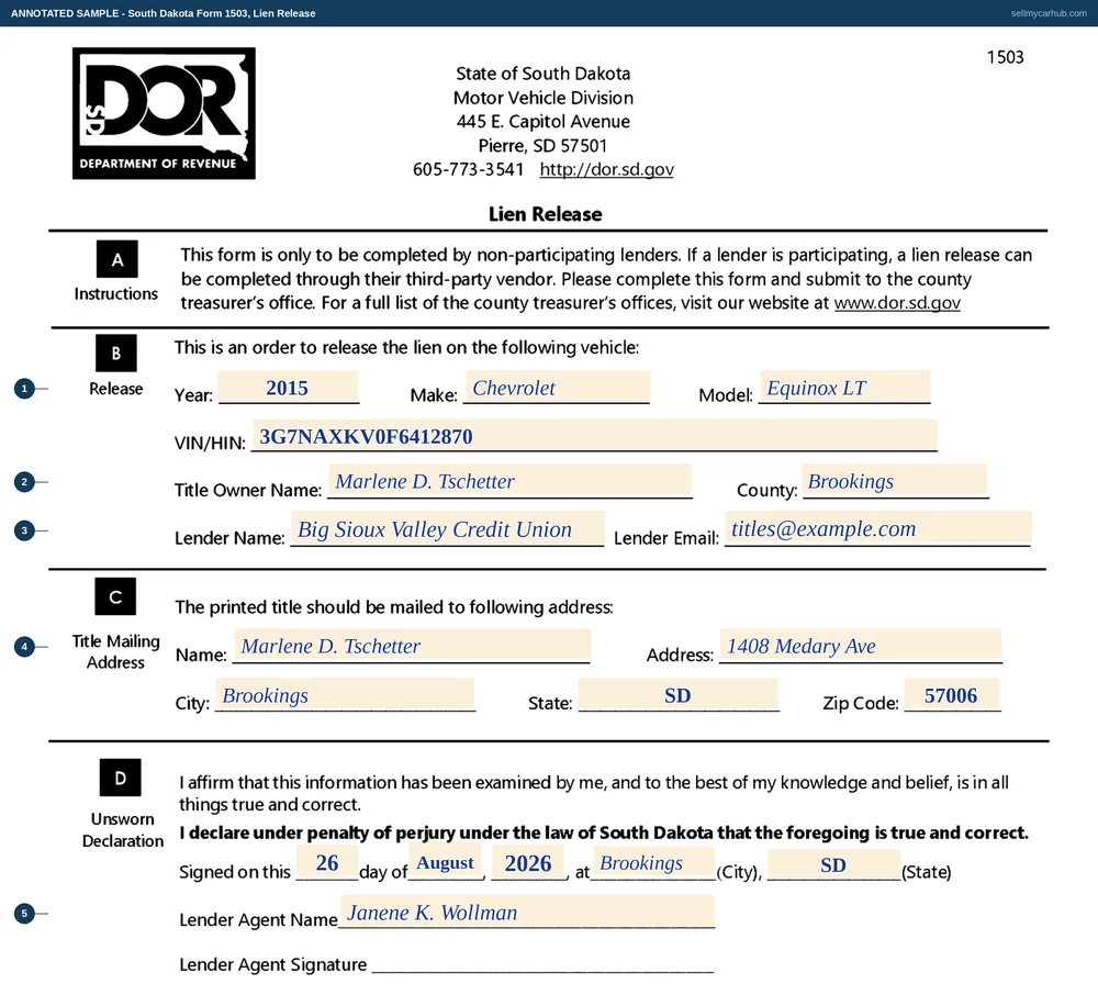 A completed South Dakota Lien Release, Form 1503. The release block identifies a 2015 Chevrolet Equinox LT by year, make, model and vehicle identification number, with the title owner named as Marlene D. Tschetter of Brookings County. The lender is given as Big Sioux Valley Credit Union with a contact email. The title mailing block carries the owner's Brookings address. The unsworn declaration is dated at Brookings, South Dakota, with the lender's agent named and the signature line left blank.