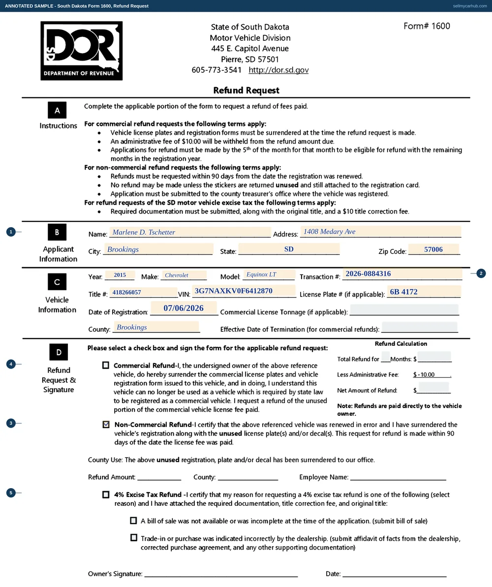 A completed South Dakota Refund Request, Form 1600. The applicant block names Marlene D. Tschetter of Brookings, South Dakota. The vehicle block identifies a 2015 Chevrolet Equinox LT with a transaction number, title number, vehicle identification number, date of registration and Brookings County. The Non-Commercial Refund box is ticked, certifying a registration renewed in error with the plates and decals surrendered. The commercial refund block, the excise tax refund block and the refund calculation and county-use blocks are shaded grey, and the owner's signature line is left blank.