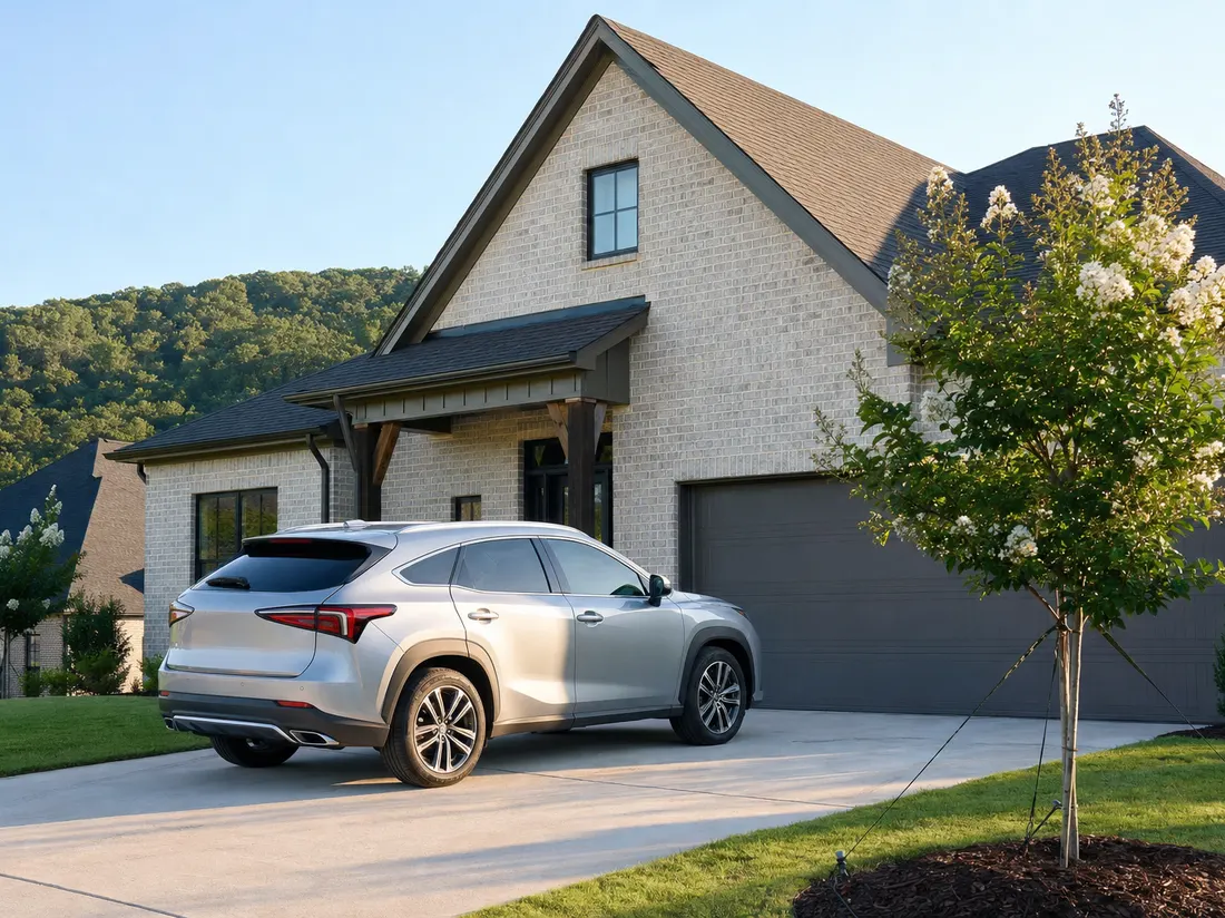 Silver crossover in the driveway of a newer brick home in a Huntsville Alabama subdivision with young crape myrtles and a wooded ridge behind - selling a car in Huntsville