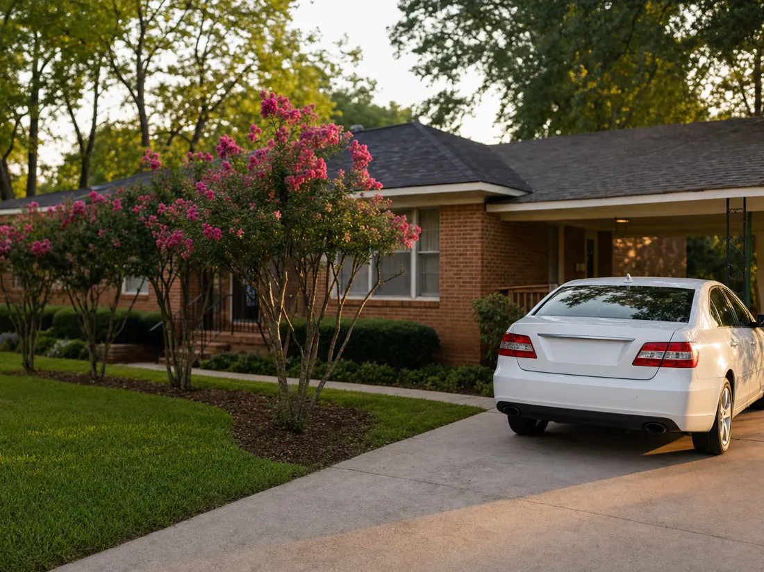 White sedan in the driveway of a mid-century brick ranch home in Montgomery Alabama with blooming crape myrtles along the walk - selling a car in Montgomery