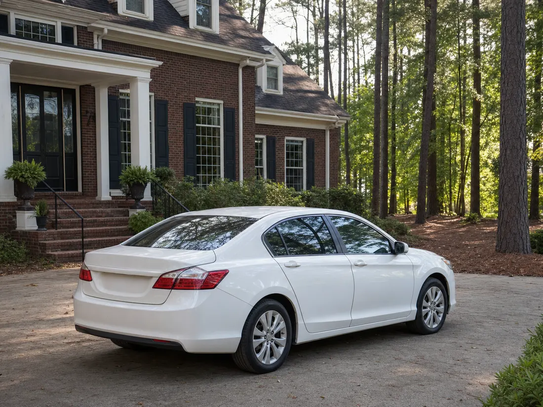 White sedan in the driveway of a Southern brick home in Alabama with tall pines and red-clay soil edges - selling a car in Alabama