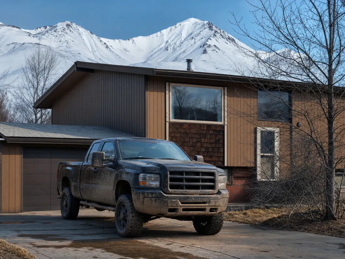 Mud-splashed pickup in the driveway of a 1970s split-level home in Anchorage Alaska with snow-capped Chugach mountains behind - selling a car in Anchorage