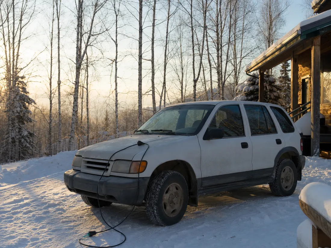 Older SUV with an engine-block heater cord over the hood parked by a log-accented Fairbanks Alaska home among bare birch trees - selling a car in Fairbanks