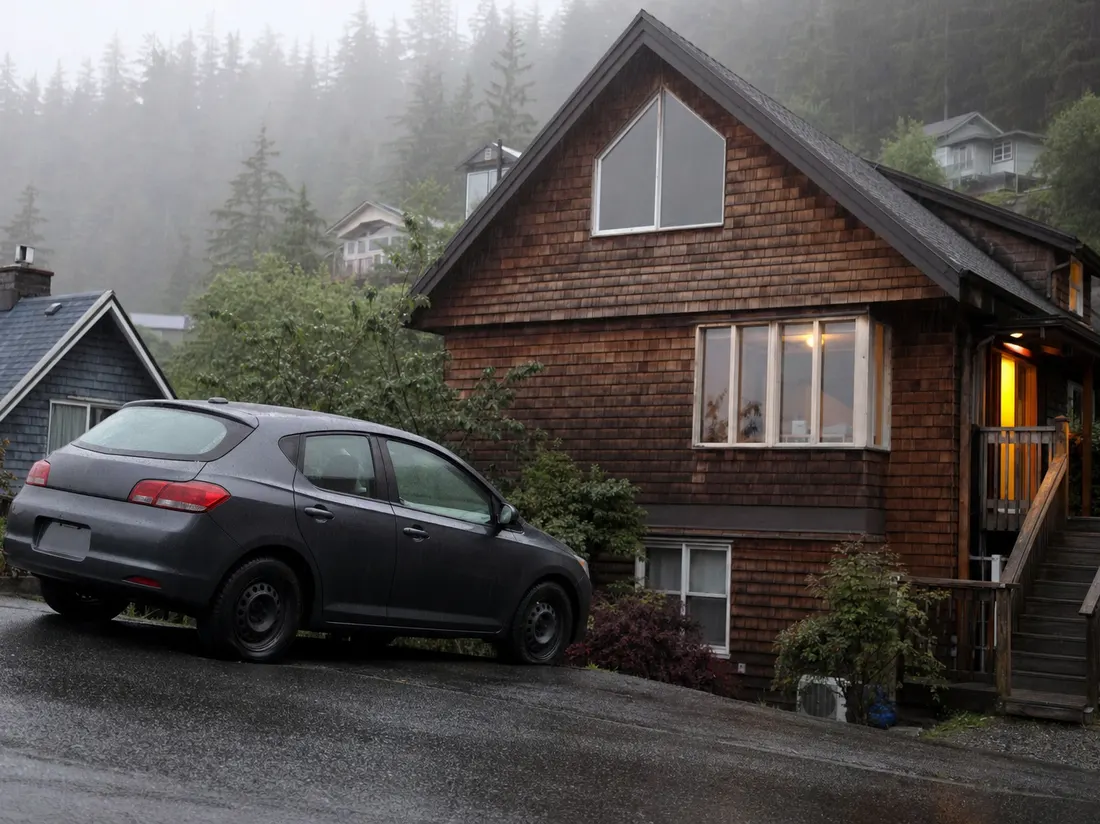 Hatchback parked on a steep wet street beside a cedar-shingled Juneau Alaska home with mist hanging in the evergreens above - selling a car in Juneau
