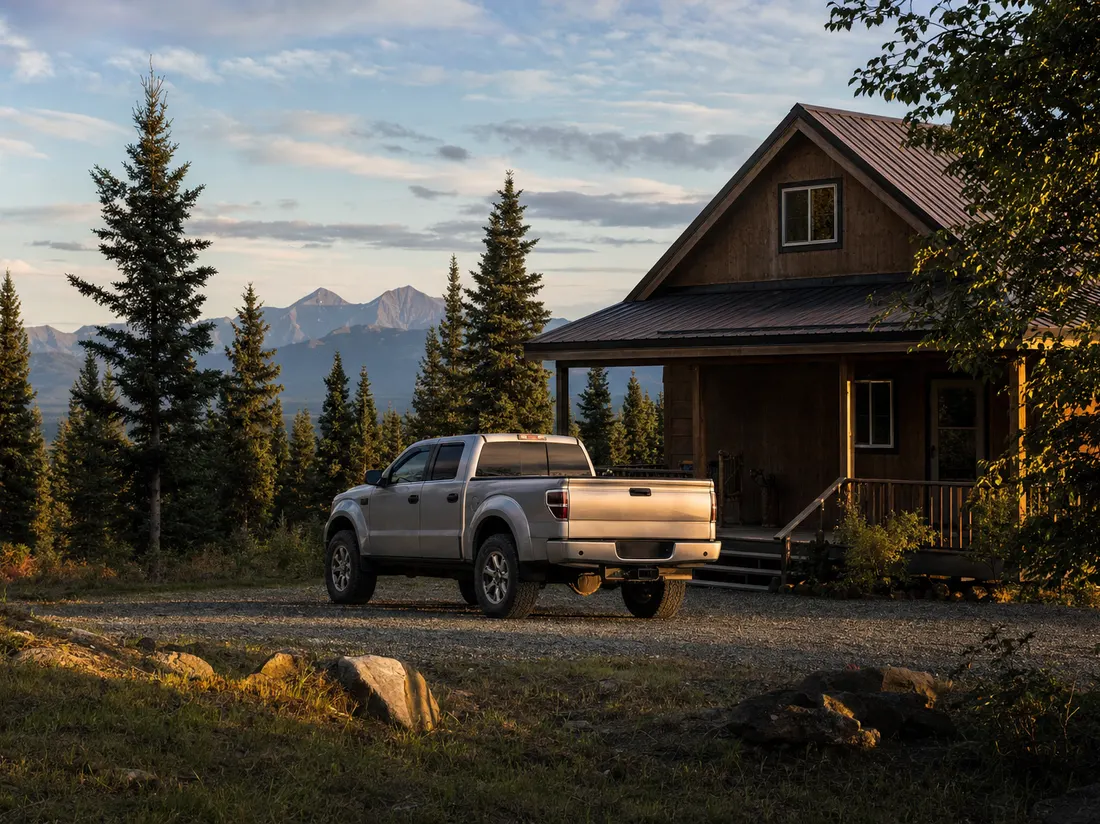Pickup truck on the gravel drive of a Wasilla Alaska homestead-style house with spruce forest and distant mountains - selling a car in Wasilla