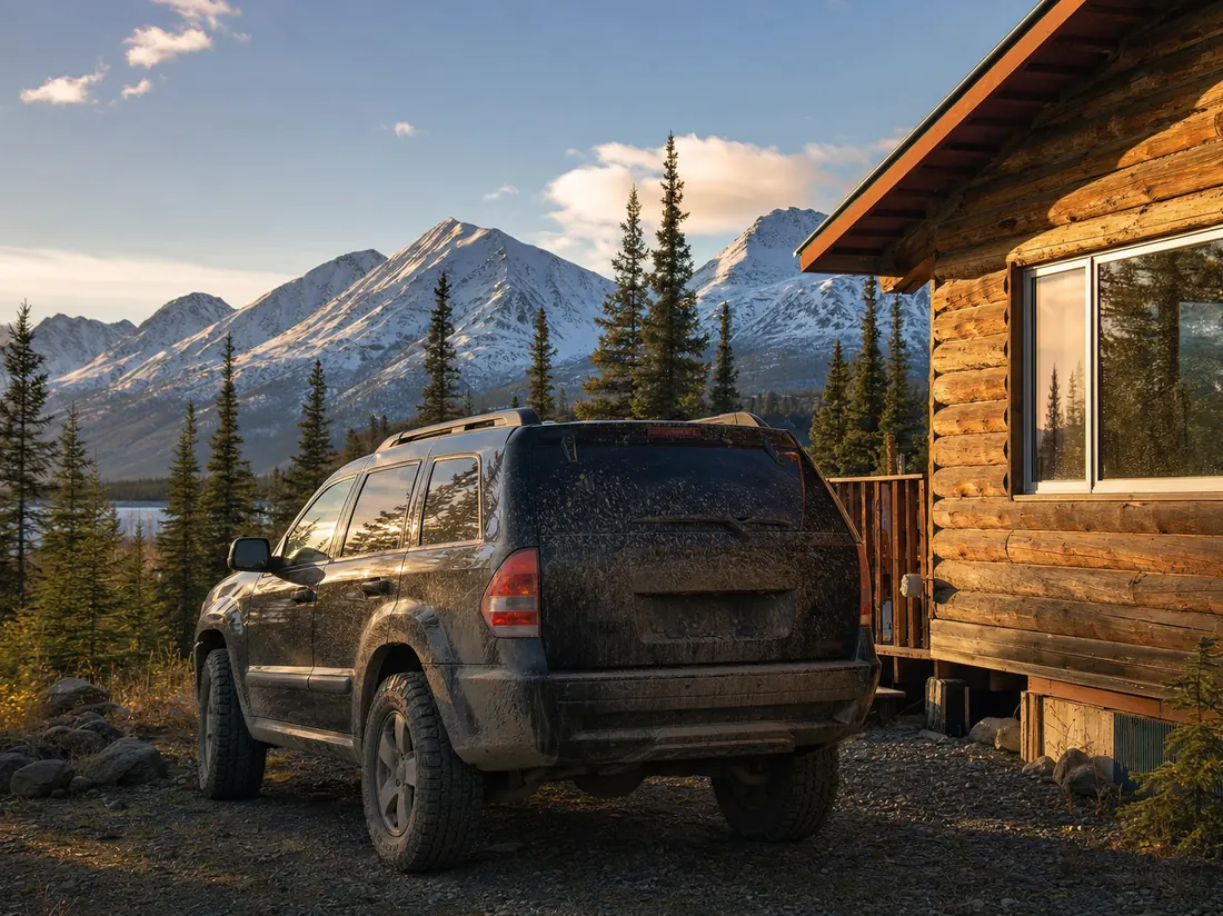Mud-splashed SUV parked by a log-sided Alaskan home with spruce forest and snow-capped mountains behind - selling a car in Alaska