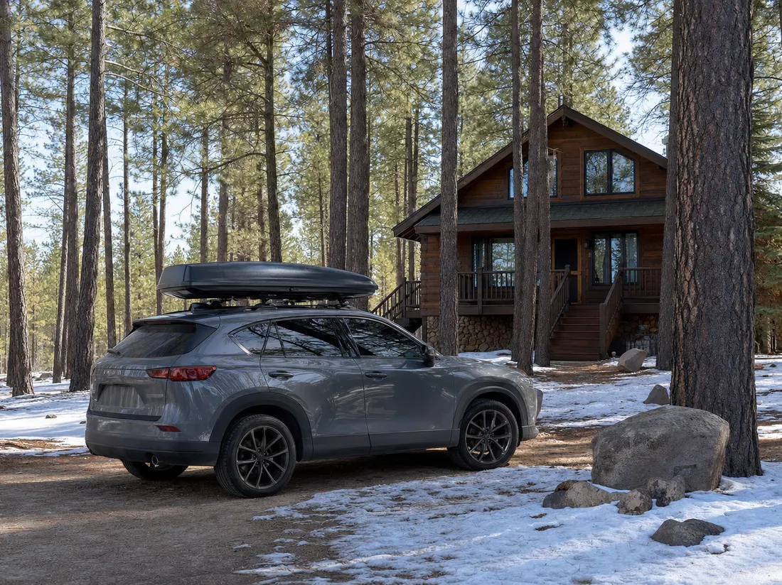 Crossover with a roof box parked by a Flagstaff Arizona cabin-style home among tall ponderosa pines with patchy snow - selling a car in Flagstaff