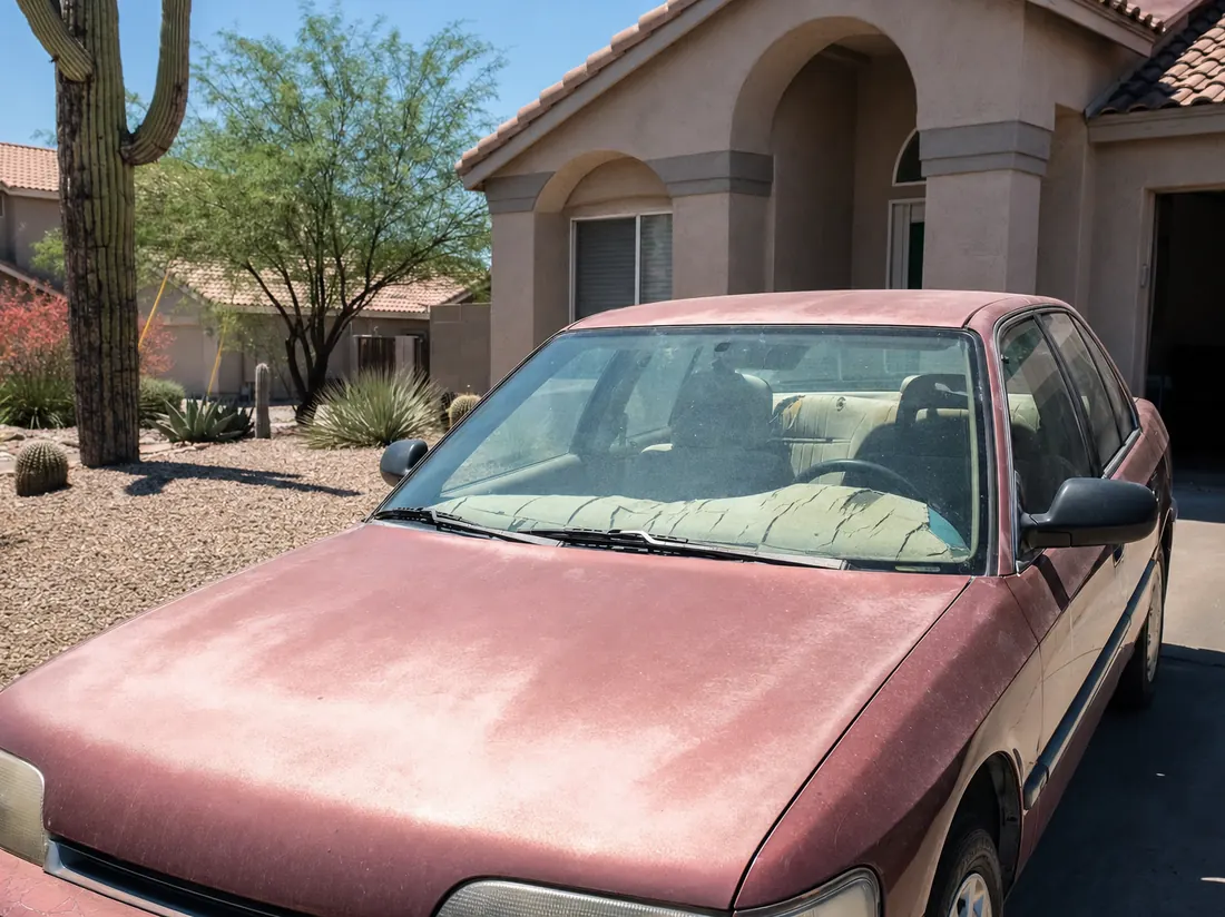 Sun-faded sedan with cracked dash visible through the windshield, parked at a Phoenix stucco home with gravel xeriscape and a saguaro - selling a car in Phoenix