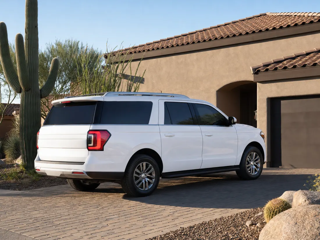 Clean white SUV in the paver driveway of a stucco Scottsdale Arizona home with gravel xeriscaping and a saguaro - selling a car in Scottsdale