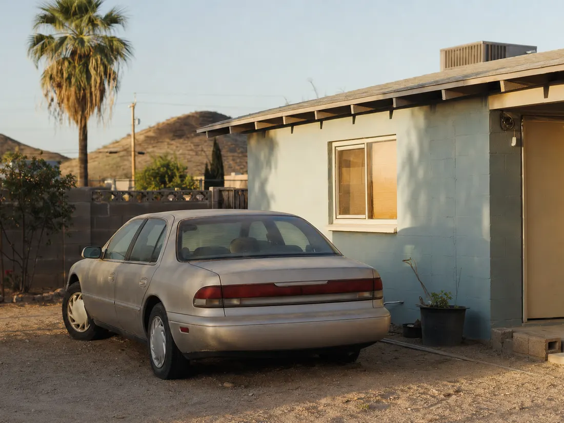 Sun-faded sedan in the dirt side-yard of a modest Yuma Arizona block home with a palm tree and low desert hills - selling a car in Yuma