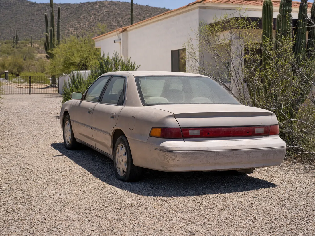Sun-faded sedan in the gravel yard of a desert Arizona home with saguaro cactus and red rock hills, harsh bright sunlight - selling a car in Arizona