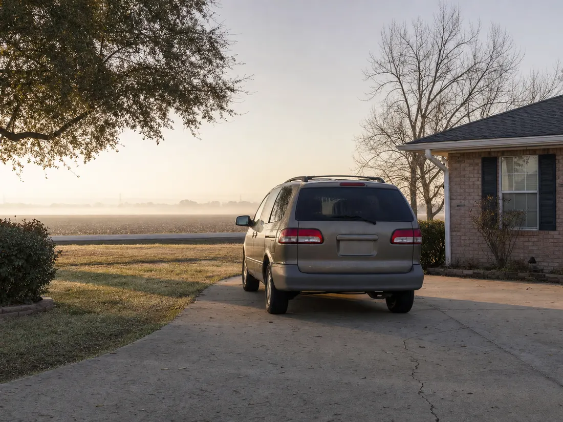 Minivan in the concrete drive of a one-story brick home in Jonesboro Arkansas with flat delta farmland visible past the yard - selling a car in Jonesboro