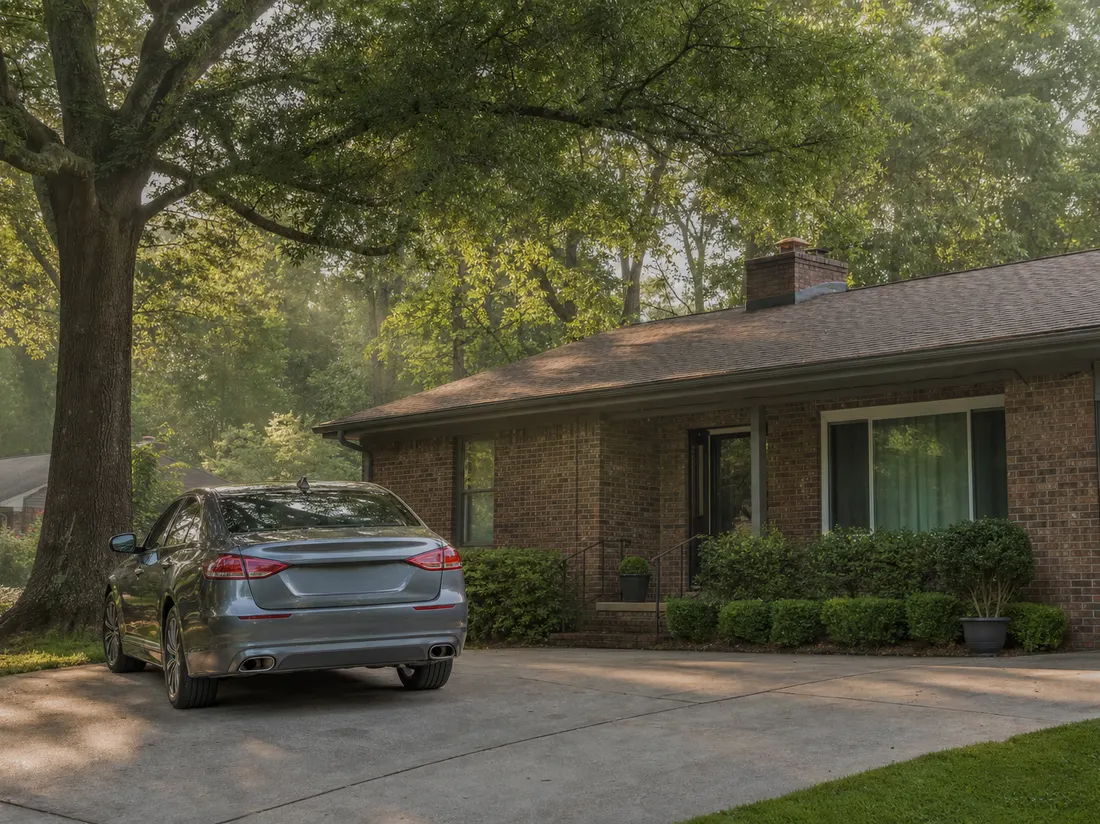 Sedan in the driveway of a brick ranch home in Little Rock Arkansas under big oak trees - selling a car in Little Rock