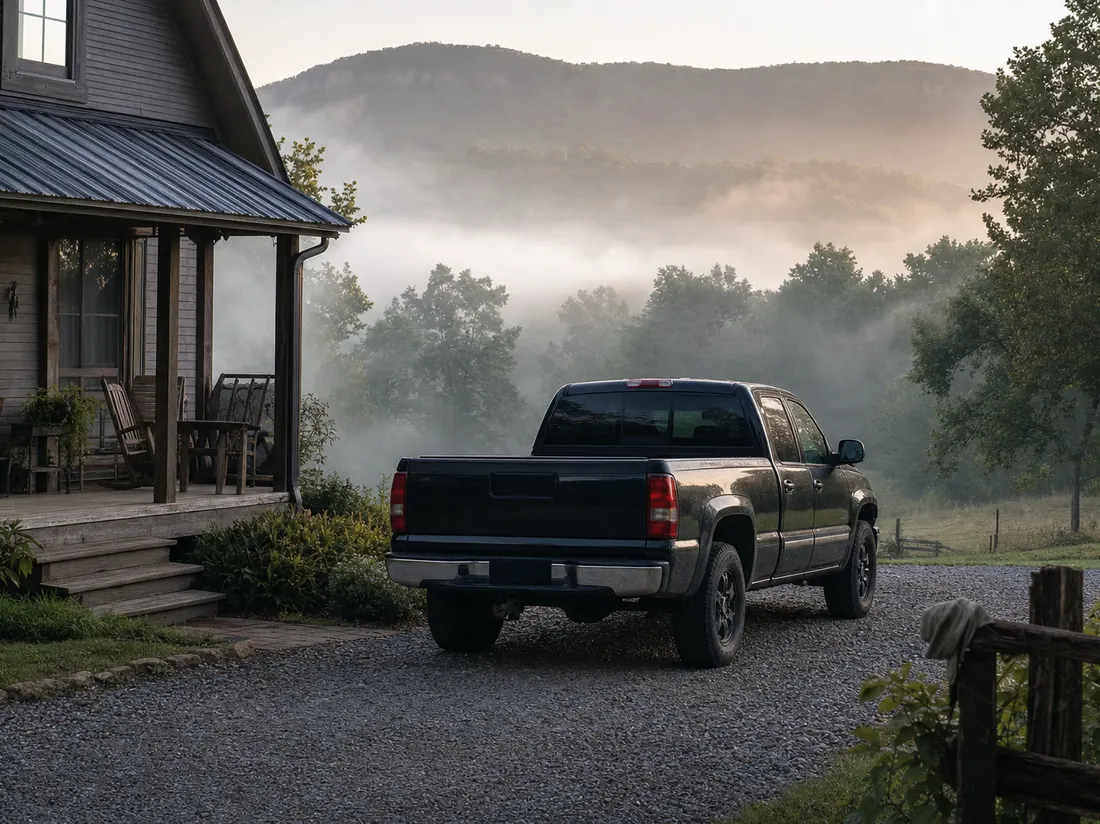 Pickup truck on a gravel driveway by a wooden Arkansas farmhouse with Ozark ridgeline behind - selling a car in Arkansas