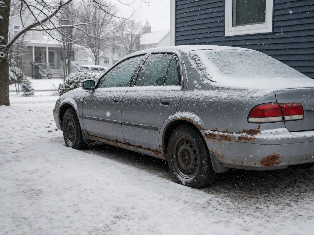 Rust-flecked sedan in a snowy Buffalo driveway - selling a winter-worn car in Buffalo