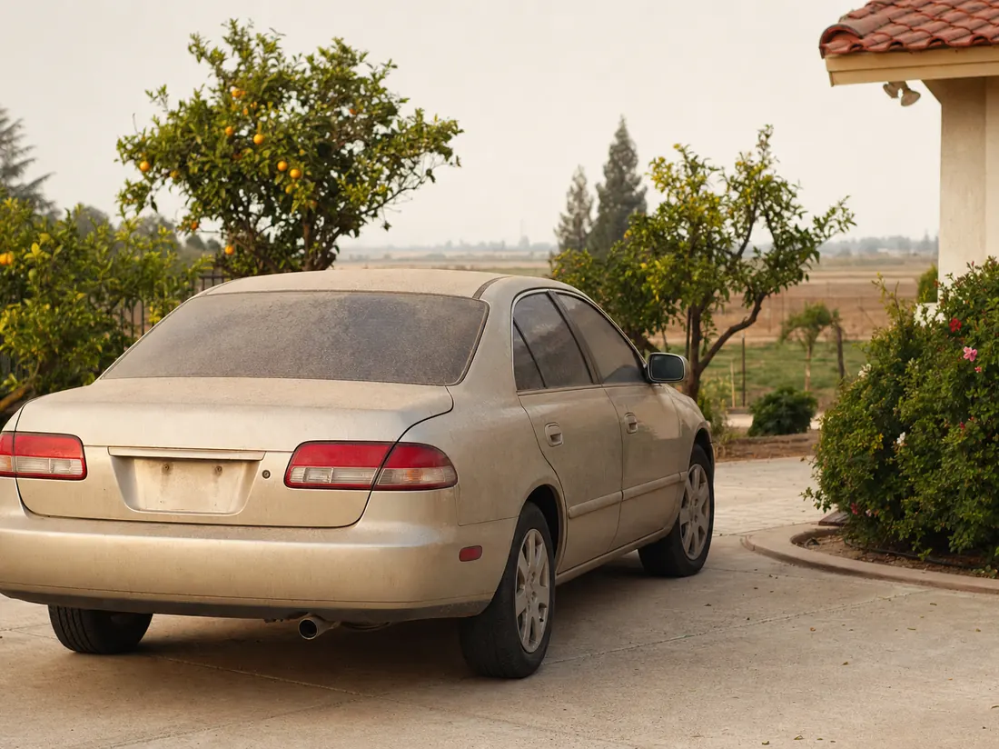 Dusty sedan at a Fresno home with orange trees in the yard and flat valley haze - selling a car in Fresno