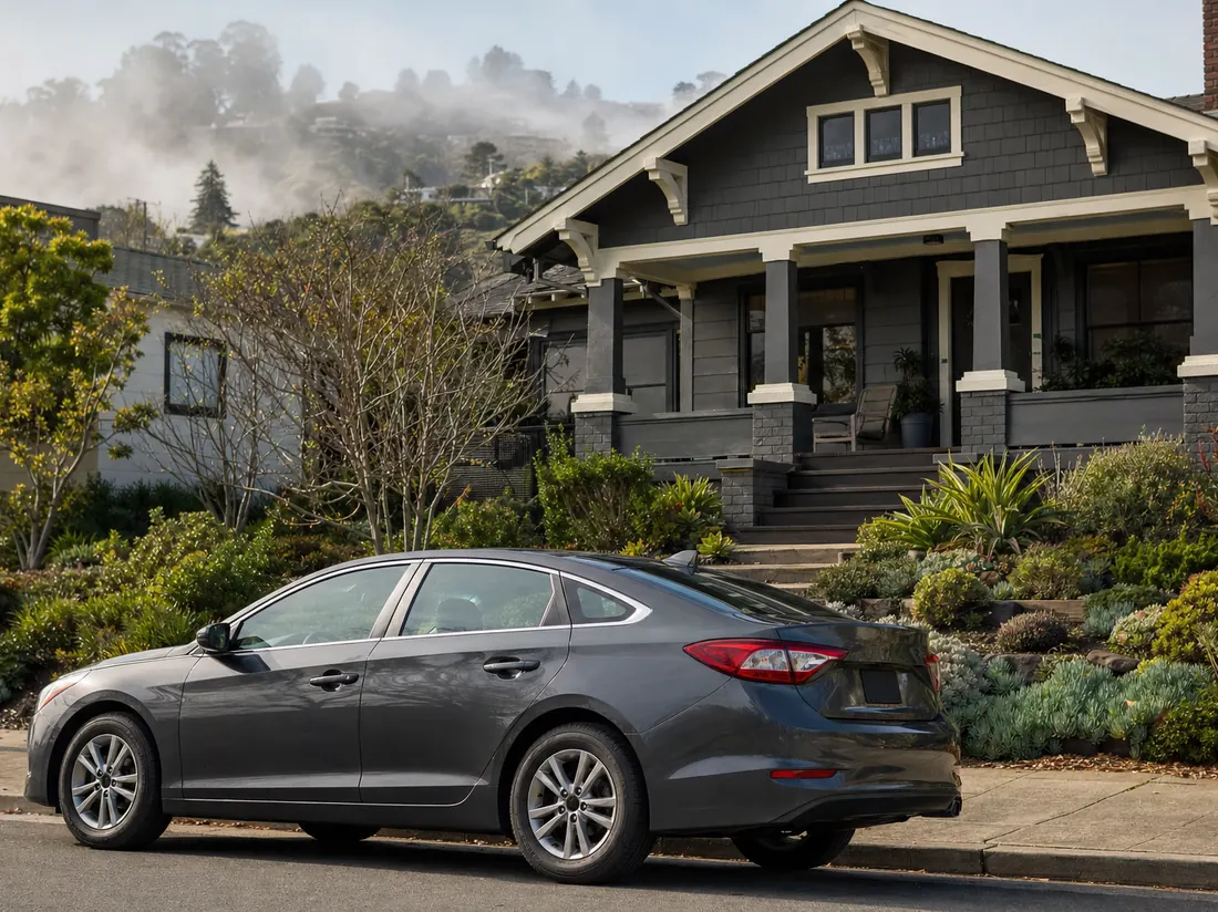 Sedan parked in front of an Oakland craftsman with a small succulent garden, bay fog lifting - selling a car in Oakland