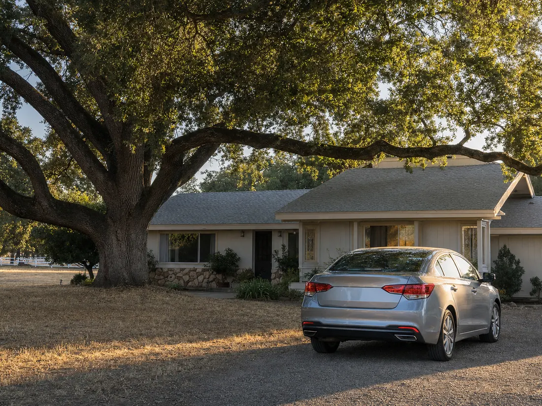 Sedan in the driveway of a Sacramento ranch home under a huge valley oak - selling a car in Sacramento