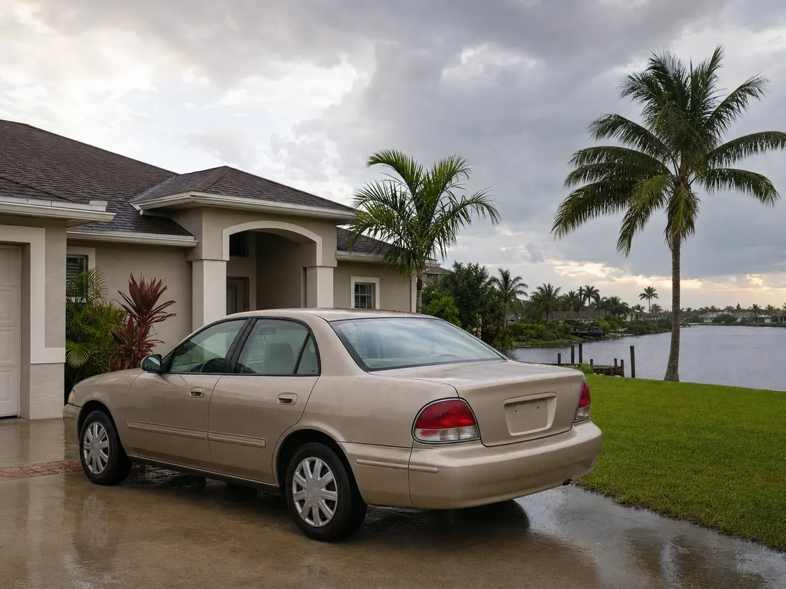 Sedan at a Southwest Florida home with a canal behind - selling a car in Cape Coral