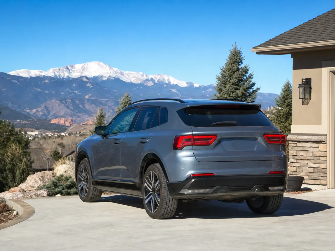 Crossover in the driveway of a suburban Colorado Springs home with the Front Range and Pikes Peak behind - selling a car in Colorado Springs