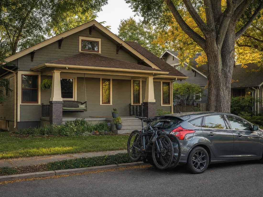 Hatchback with a bike rack outside a craftsman bungalow in Fort Collins Colorado with a porch swing and big street trees - selling a car in Fort Collins