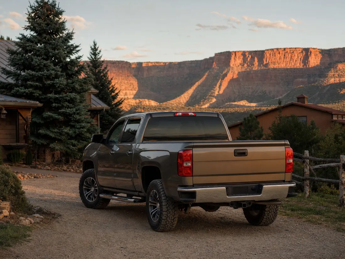 Pickup in the driveway of a Grand Junction Colorado rancher with red sandstone mesas glowing behind - selling a car in Grand Junction