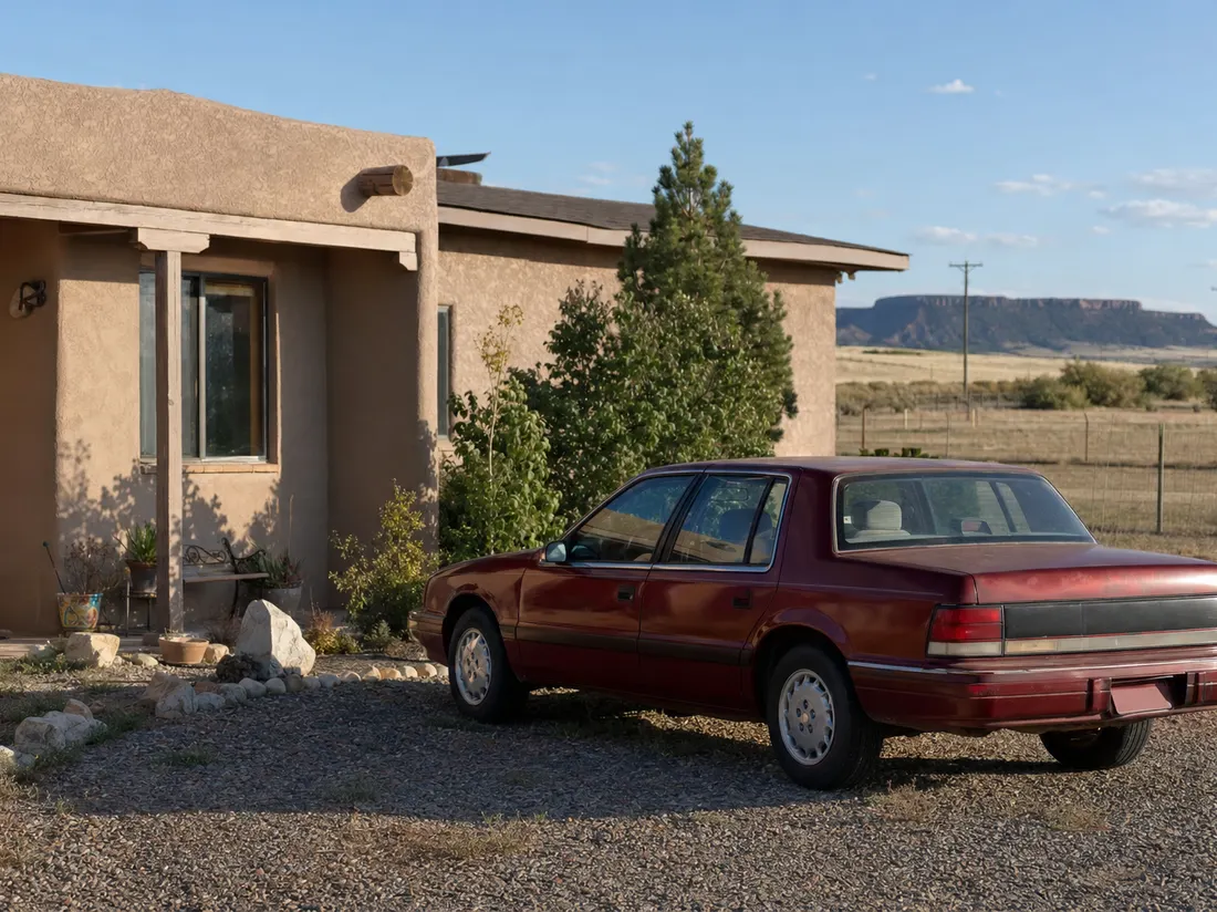 Older sedan beside a stucco ranch home in Pueblo Colorado with a dry gravel yard and distant mesas - selling a car in Pueblo