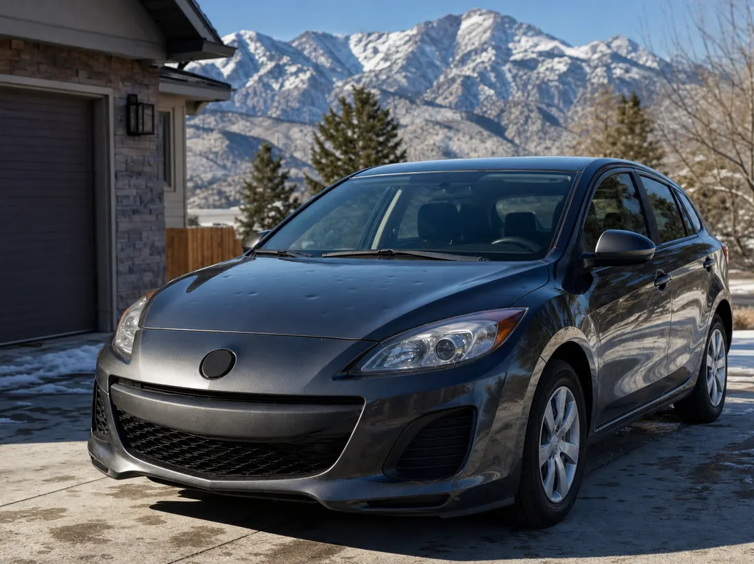 Hatchback with a small hail dent on the hood parked at a Colorado home with the Rocky Mountain front range behind - selling a car in Colorado
