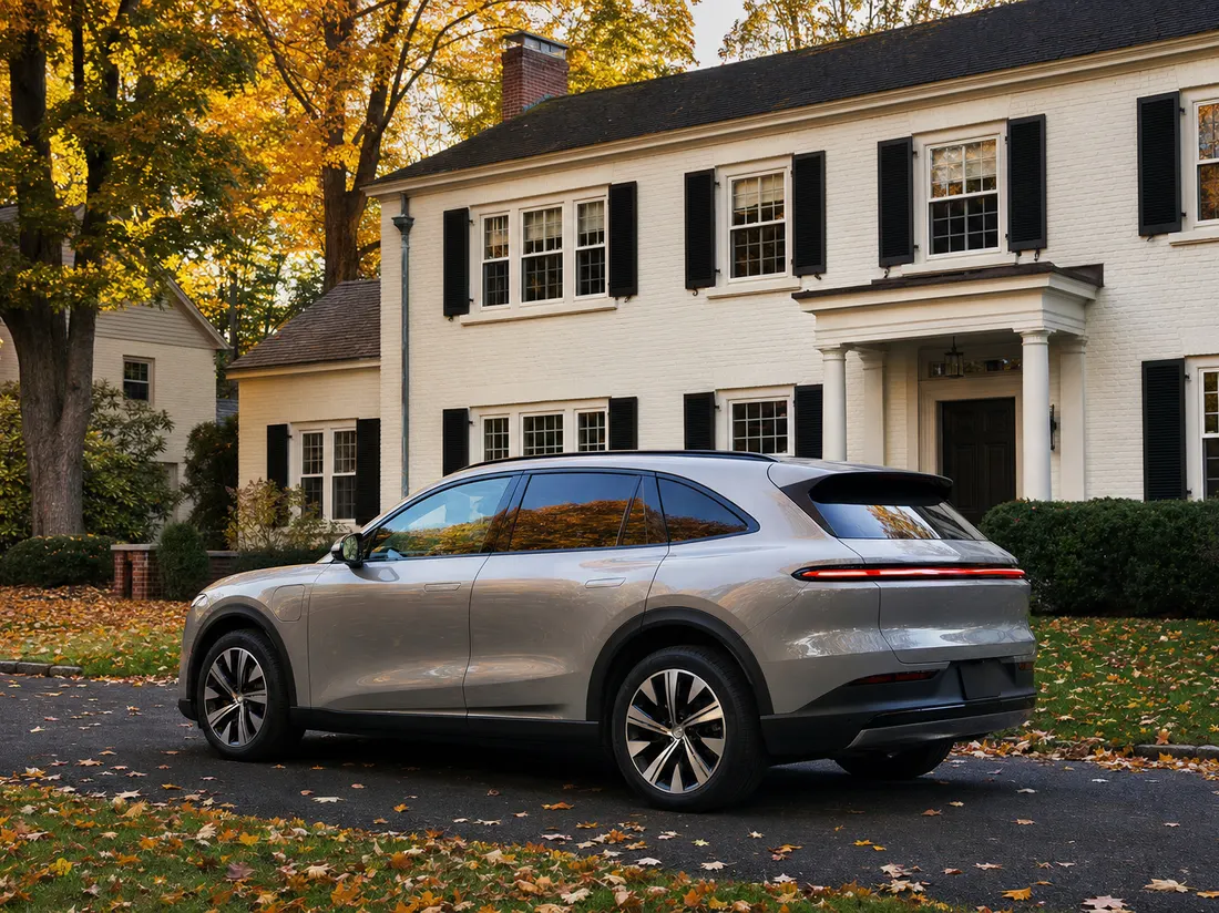 Crossover in the driveway of a colonial home in Hartford Connecticut under tall sugar maples in fall color - selling a car in Hartford