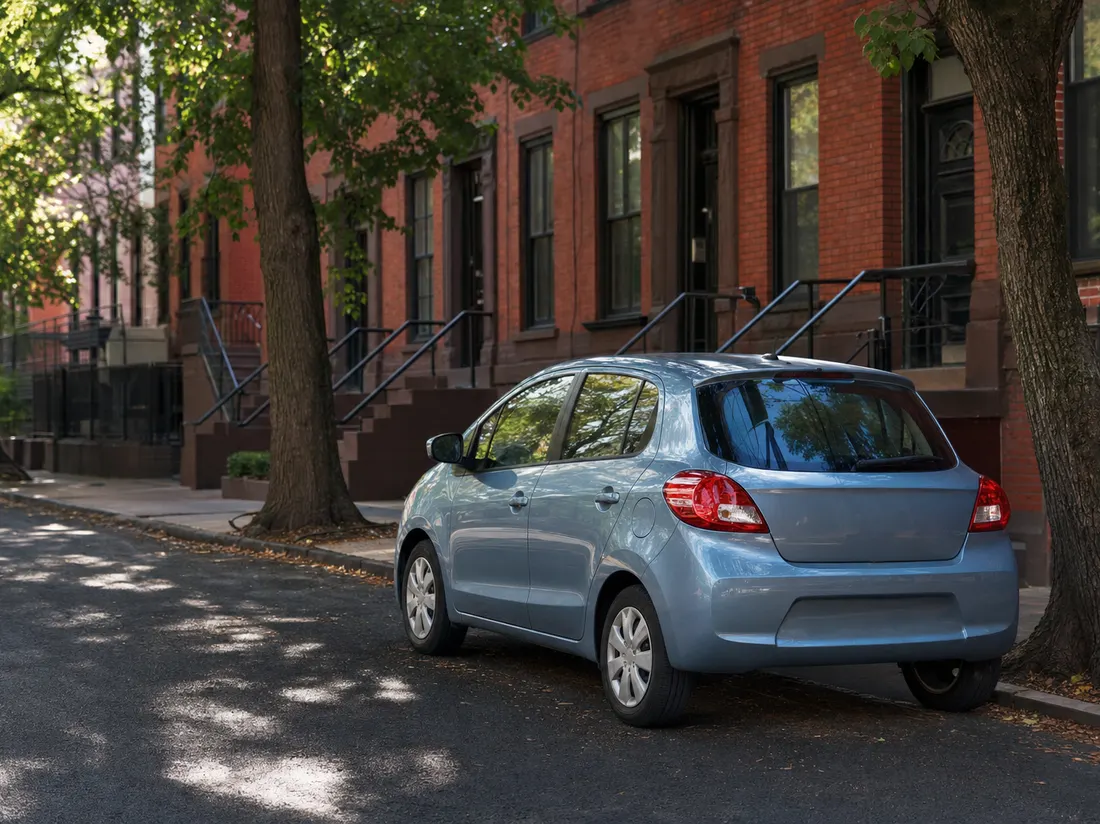 Compact car parked by a brick rowhouse block in New Haven Connecticut with stoops and street trees - selling a car in New Haven