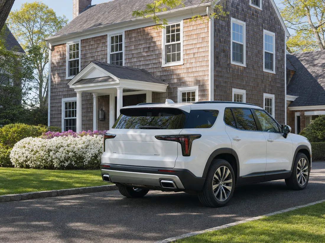 Clean SUV in the driveway of a shingled colonial in a leafy Stamford Connecticut neighborhood - selling a car in Stamford